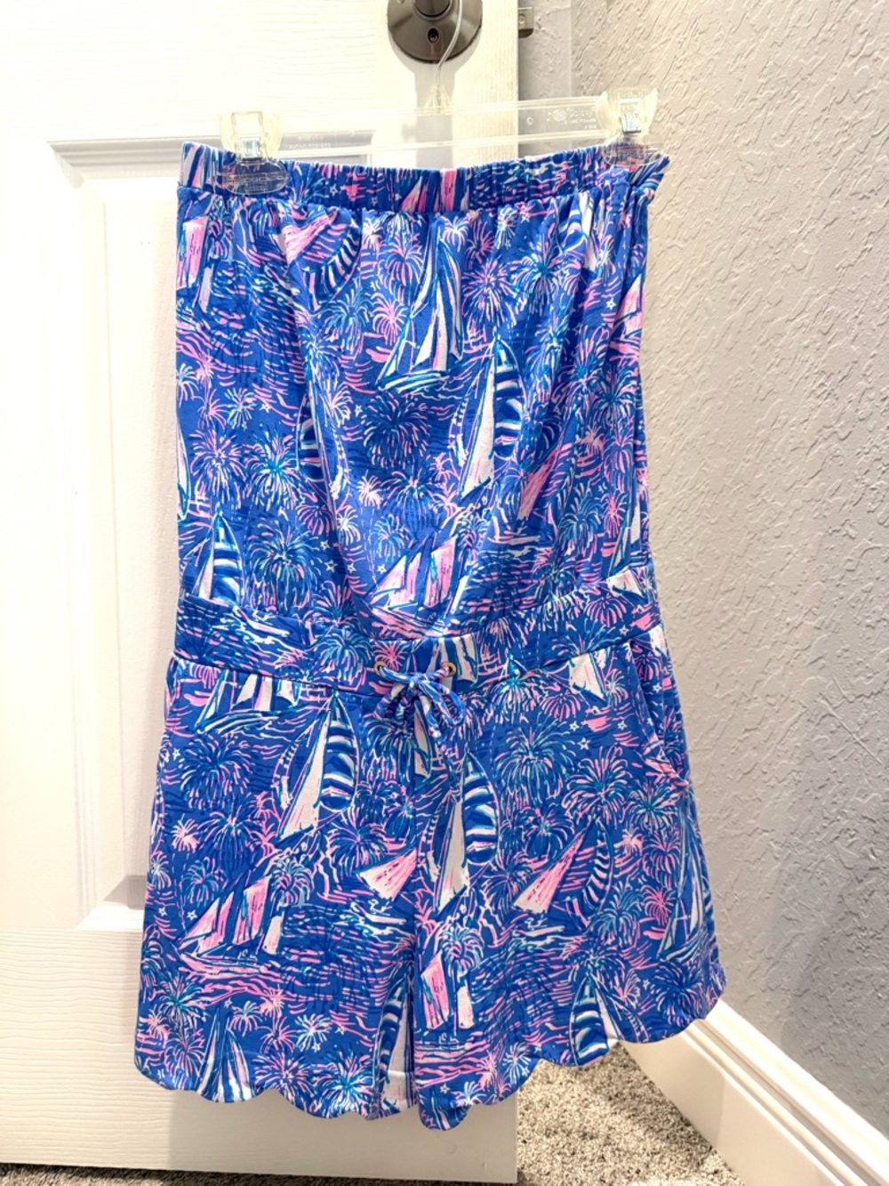 Lilly Pulitzer Romper. Blue Sailboat Print Strapless Romper with Pink Accents